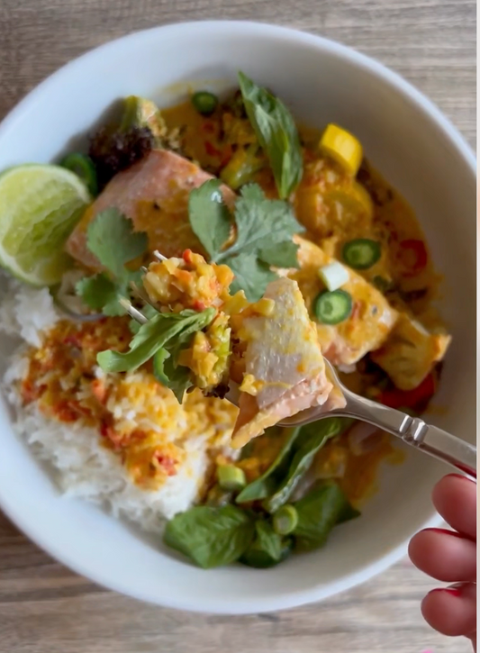 Veggie-Loaded Thai Yellow Curry Salmon Bowls