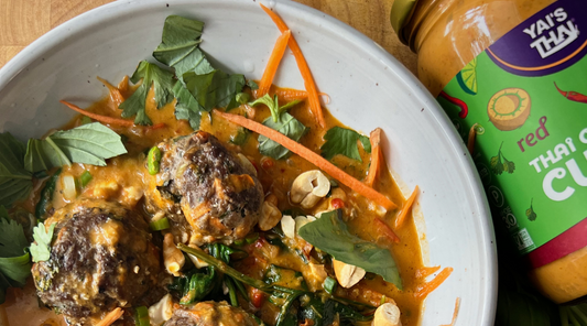 Whole30 Thai Red Curry Meatballs over Carrot Noodles